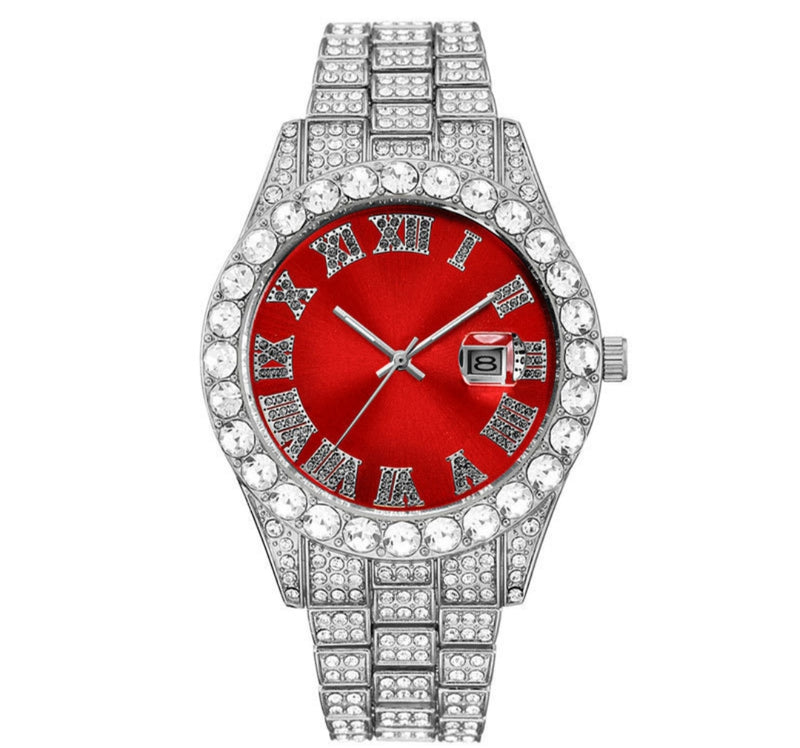 Relógio holly cravejado números romanos fundo vermelho